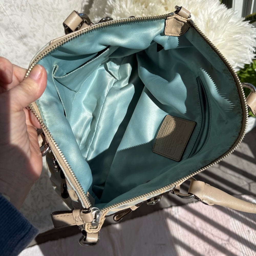 COACH Madison Shantung Chainlink Sophia Satchel Silver Bay Mist Leather Trim EUC - Picture 3 of 10